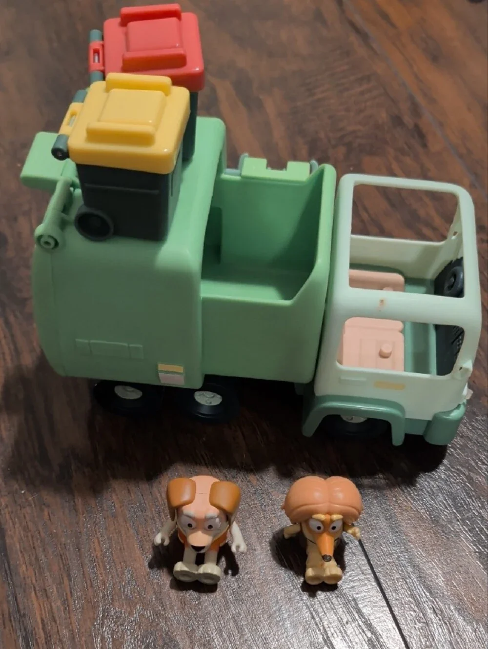 Children's Green Garbage Truck Toy with Orange Figures